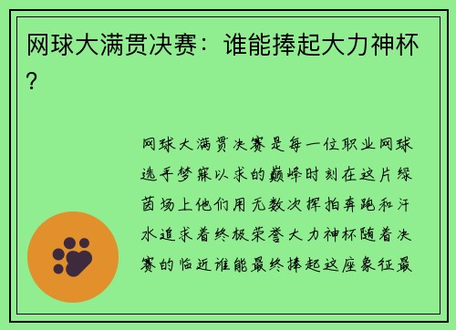 网球大满贯决赛：谁能捧起大力神杯？